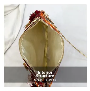 Interior structure of ethnic bohemian bag showing fabric lining and metal zipper
