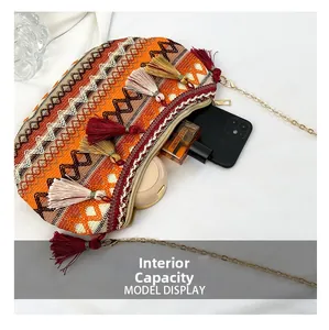 Detail view of the bohemian woven bag interior showing capacity for daily essentials