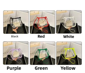 Transparent PVC crossbody bucket bags with canvas drawstring inserts in six vibrant colors