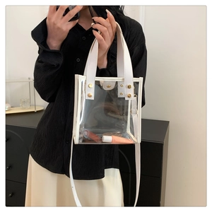Close-up of clear PVC crossbody bag with white leather trim and gold rivet details
