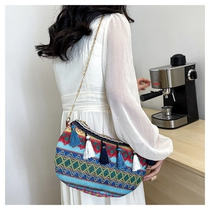 Detailed side view of ethnic woven crossbody bag with colorful patterns and tassels