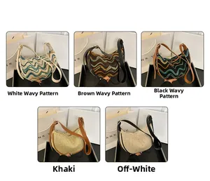Collage of five crescent-shaped shoulder bags in woven texture and wavy embossed finishes