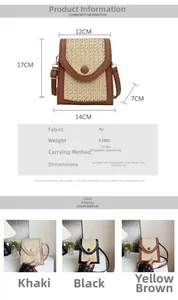 Detailed view showing dimensions and woven straw texture of a mini crossbody beach bag