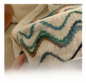 Detail of precise stitching and woven wavy patterns on this stylish cream handbag