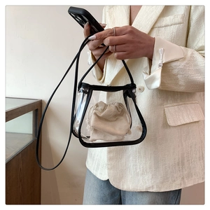 Detailed shot of transparent PVC bucket bag with black leather trim and drawstring insert