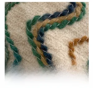 Close-up of premium woven fabric texture featuring colorful knit rope details and patterns