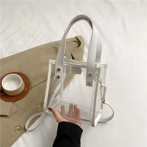 Women Fashion Transparent PVC Tote Bag With PU Leather Trim Gold Rivets Small Jelly Crossbody Shoulder Bag Summer Handbag