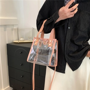 Transparent pink PVC crossbody bag with leather trim and gold rivet details