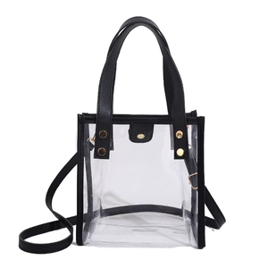 Modern transparent PVC beach tote with black leather trim and adjustable shoulder strap