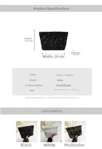 Detailed size specifications and weight info for the sequined trapezoid handbag
