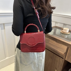 Elegant dark red crocodile pattern square shoulder bag with woven handle for women