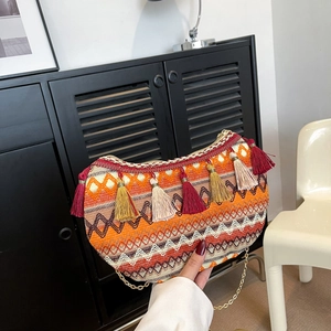 Ethnic Woven Shoulder Bag Bohemian Crossbody Purse With Tassels Geometric Pattern Metal Chain For Women Fashion