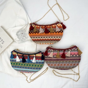 Ethnic bohemian woven crescent bags with colorful tassels and gold chain straps
