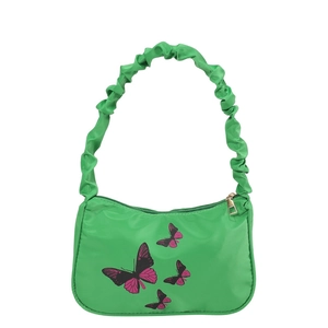 Green butterfly print shoulder bag with trendy ruched strap and high-capacity nylon design