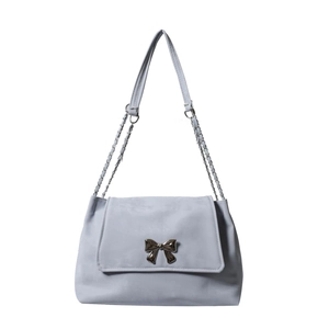 Light blue faux leather shoulder bag with silver bow buckle and chain strap