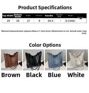 Detailed size specifications and color comparison of lightweight soft PU leather tote bag