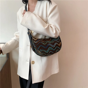 Bohemian striped crescent crossbody bag with colorful wavy embroidery and gold buckle