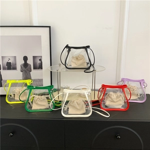 Transparent PVC crossbody beach bags with drawstring inner pouches in six vibrant colors