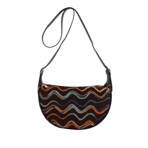 Retro wave stripe knit crescent bag with brown wool texture and black leather strap