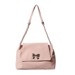 Pink faux leather shoulder bag with a silver metal bow accent and chain strap