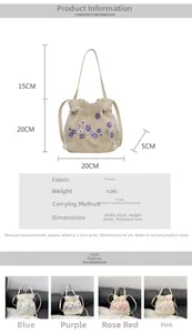Tableau des tailles détaillé pour un sac seau en toile blanche brodé de fleurs