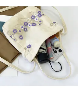 Vue de dessus de l'espace intérieur du sac en toile brodé montrant les essentiels