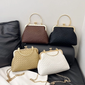 Vintage woven shell handbags with large round metal handles and kiss-lock closure set