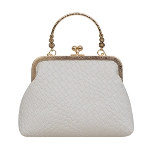White woven textured shell bag with gold镂空 metal handle and spherical clasp closure