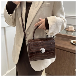 Détails de la texture crocodile marron foncé et de la boucle argentée sur le sac à main