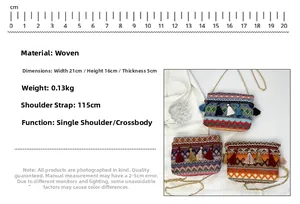 Ethnic woven crossbody bag detail showing 21x16x5cm dimensions and tassel fringe accents