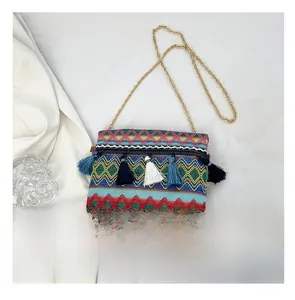 Detailed view of bohemian woven crossbody bag with colorful tassels and chain strap