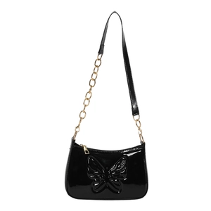 Retro black glossy patent leather butterfly shoulder bag with gold chain strap