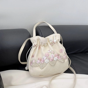 Sac Seau en Toile pour Femme Brodé de Fleurs Cordon Sac Bandoulière Dentelle Künstliche Perle Sac à Main Sac d'Épaule Style Littéraire Vintage Tote