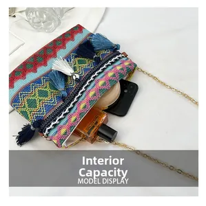 Ethnic woven crossbody bag interior showing space for phone, perfume and powder compact