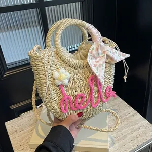 Women Straw Shoulder Bag Hello Letter Embroidery Flower Decor Scarf Handle Drawstring Summer Beach Vacation Fashion
