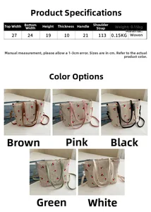 Detailed size chart and dimensions for woven straw tote bag with cherry embroidery