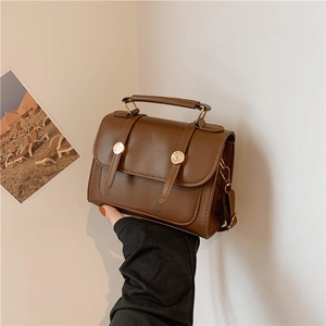 British style vintage brown PU leather handbag with gold metal buckles and top handle