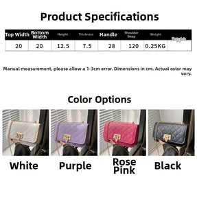Detailed size specifications for quilted square crossbody bags with metallic chain strap