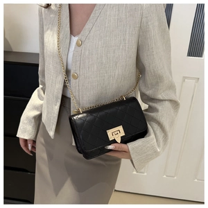 Close-up of black quilted crossbody bag with gold chain strap and metal buckle