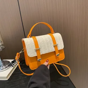 Borsa A Spalla Donna Paglia Intrecciata Patchwork Pelle PU Piccola Borsa Quadrata Tracolla Con Manico Estate Tendenza