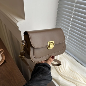 Minimalist dark brown crossbody bag with gold lock closure held against window light