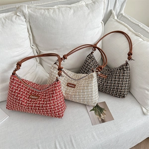 Chic woven tweed crossbody dumpling bags in red, beige, and brown with leather straps