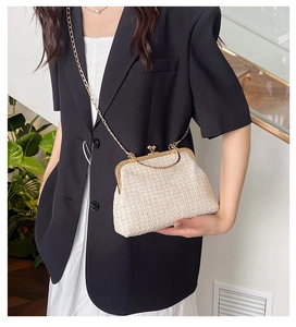 Detail of elegant straw woven shell bag featuring a gold chain and metallic clasp closure