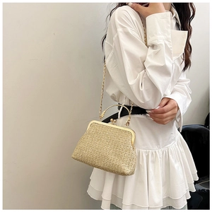 Detailed view of woven straw shell bag with gold clasp and elegant chain strap
