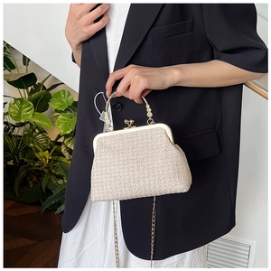 Detailed close-up of straw shell bag with golden metal frame and chain strap on model