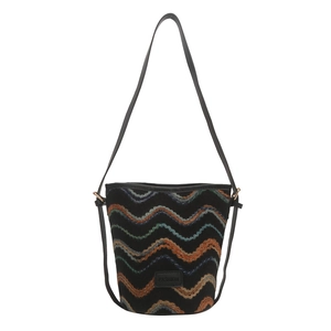 Large capacity woven bucket bag with colorful wave patterns and leather strap