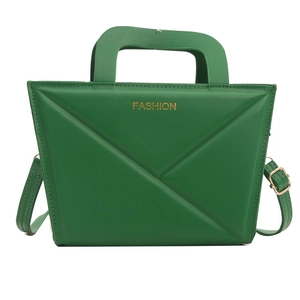 Green leather tote bag with geometric pleats and adjustable shoulder strap for women