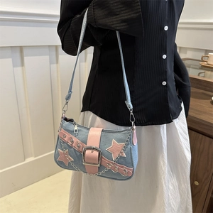 Y2K denim baguette bag with pink star patches and metal chain in high-quality style