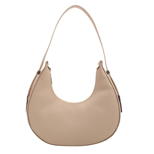 Minimalist beige half-moon saddle bag in smooth synthetic leather with zipper closure