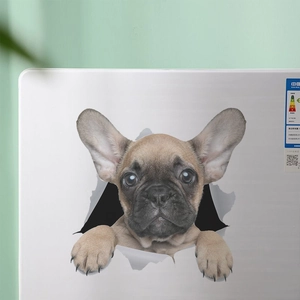 3D French Bulldog wall sticker showing a cute dog breaking through the wall surface
